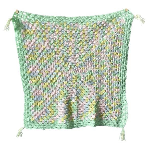 Vintage Crochet Baby Receiving Blanket Handmade 27" Square Afghan Nursery - Picture 1 of 4